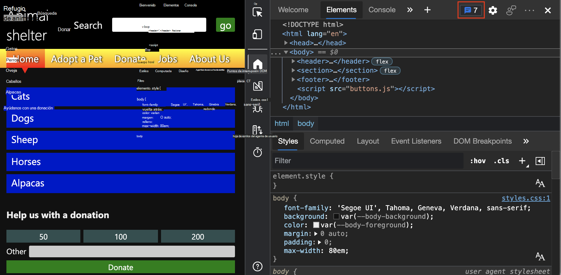 El contador Problemas de DevTools, que indica cuántos problemas hay en el documento actual