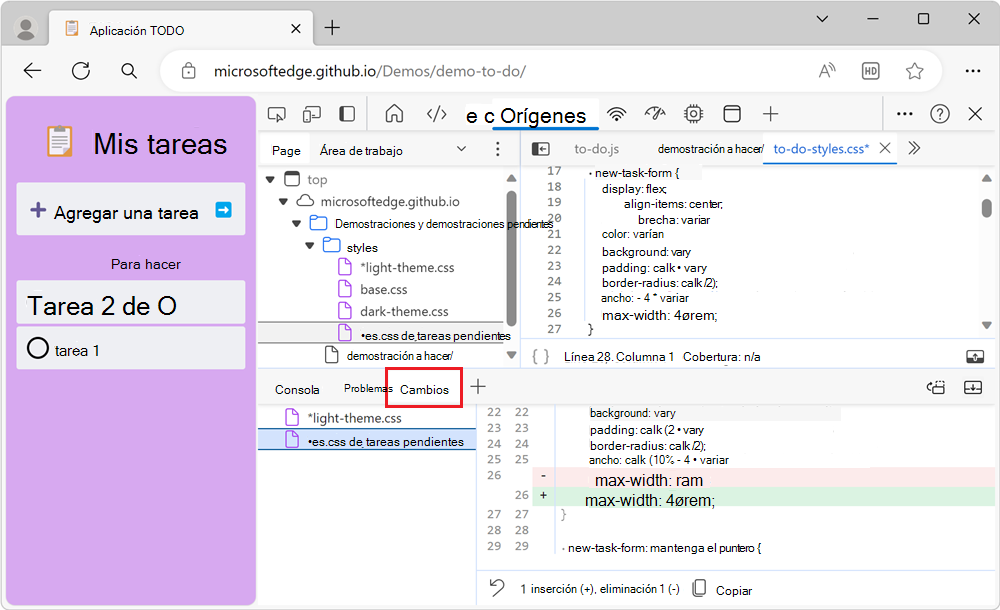 La herramienta Cambios muestra dos archivos que se han modificado y las modificaciones del archivo seleccionado