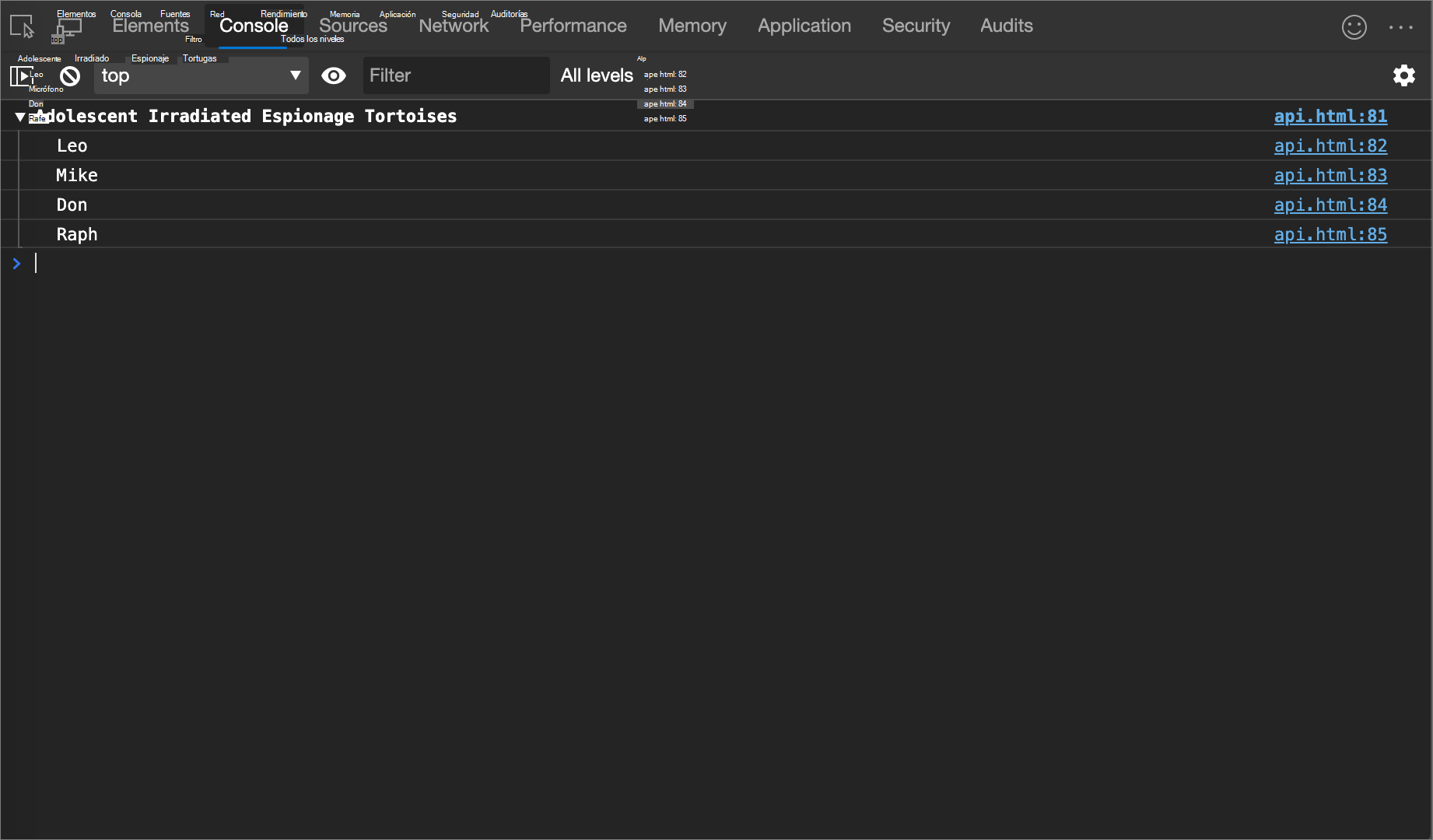 Resultado del ejemplo console.group()