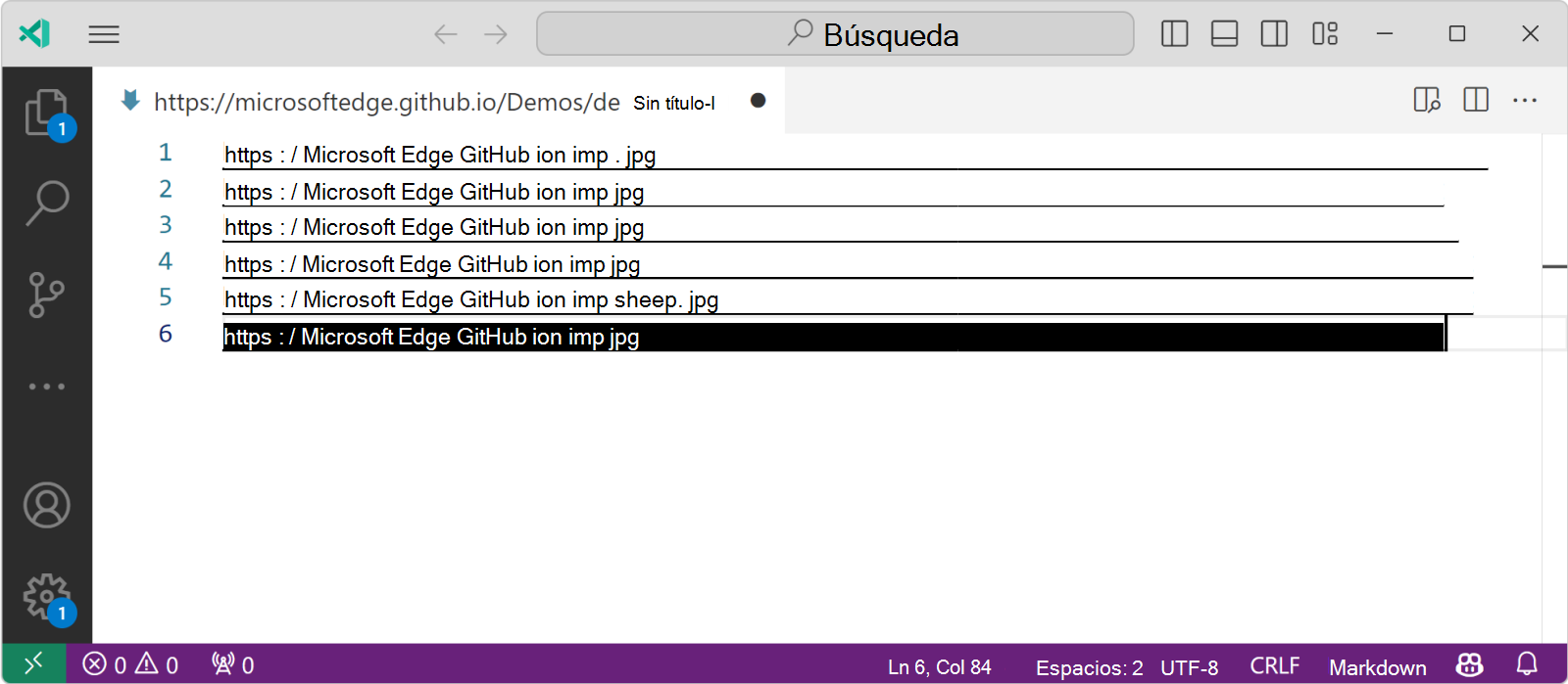 Lista de direcciones URL de imagen en un editor de texto