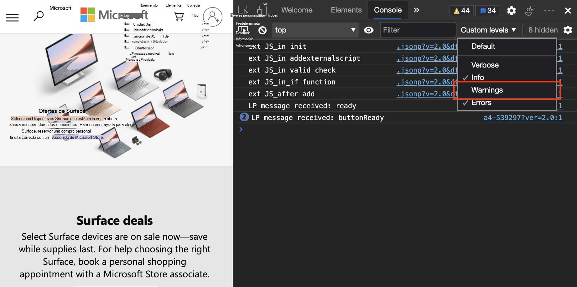 Ocultar todos los mensajes de nivel de advertencia en la consola para filtrar gran parte del ruido