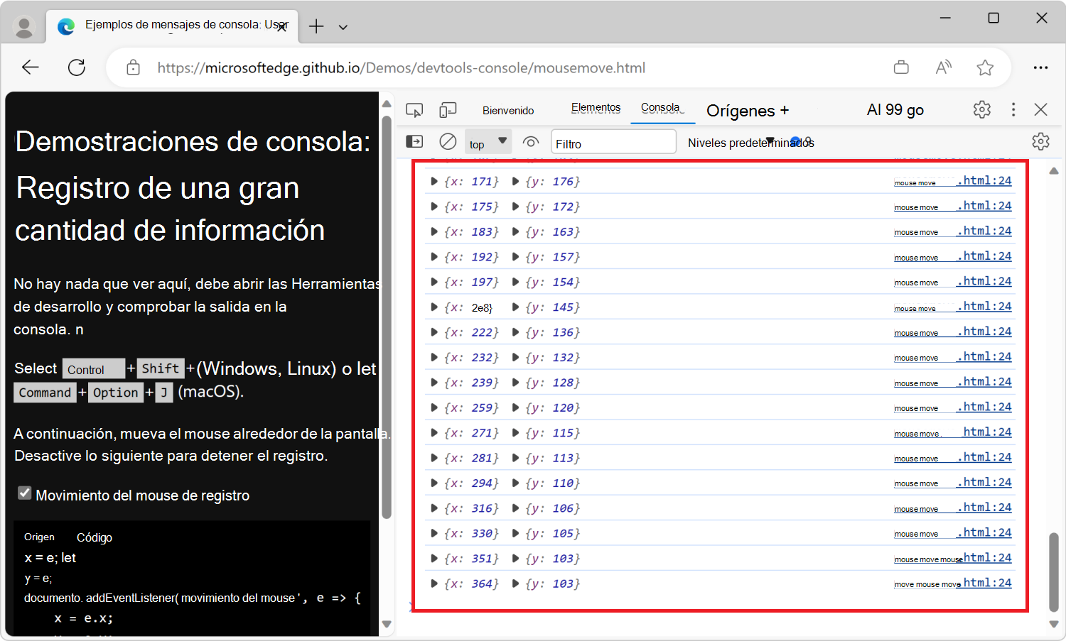 La herramienta Consola muestra un número abrumador de mensajes sobre la posición del mouse