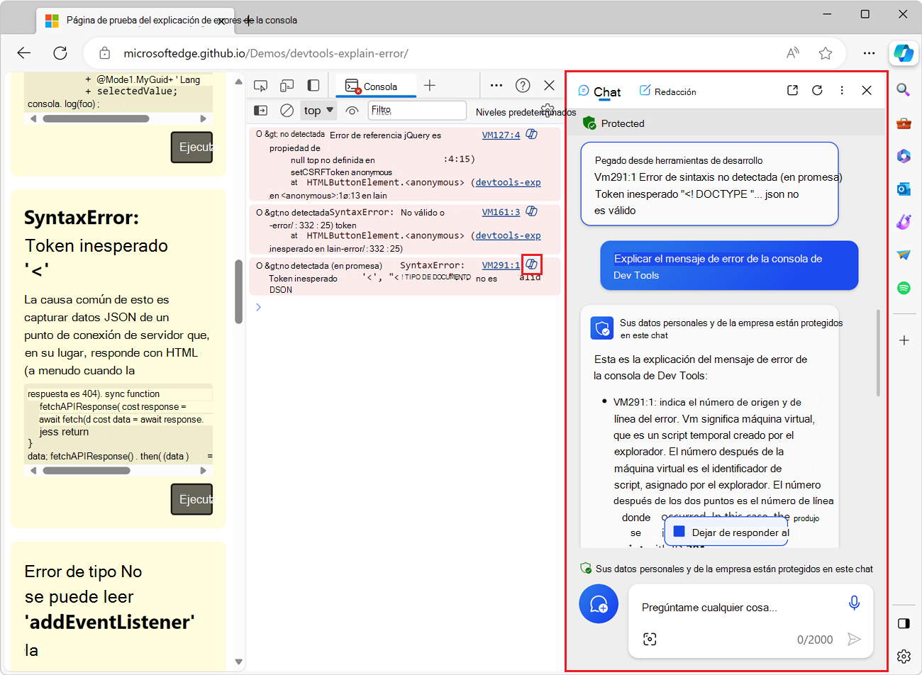 Copilot en la barra lateral de Microsoft Edge, que muestra el mensaje de error y la explicación.