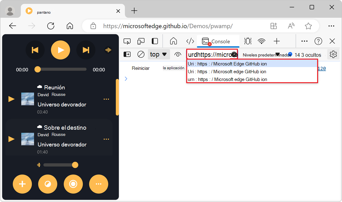 Lista desplegable del cuadro de texto Filtrar, que muestra direcciones URL de script