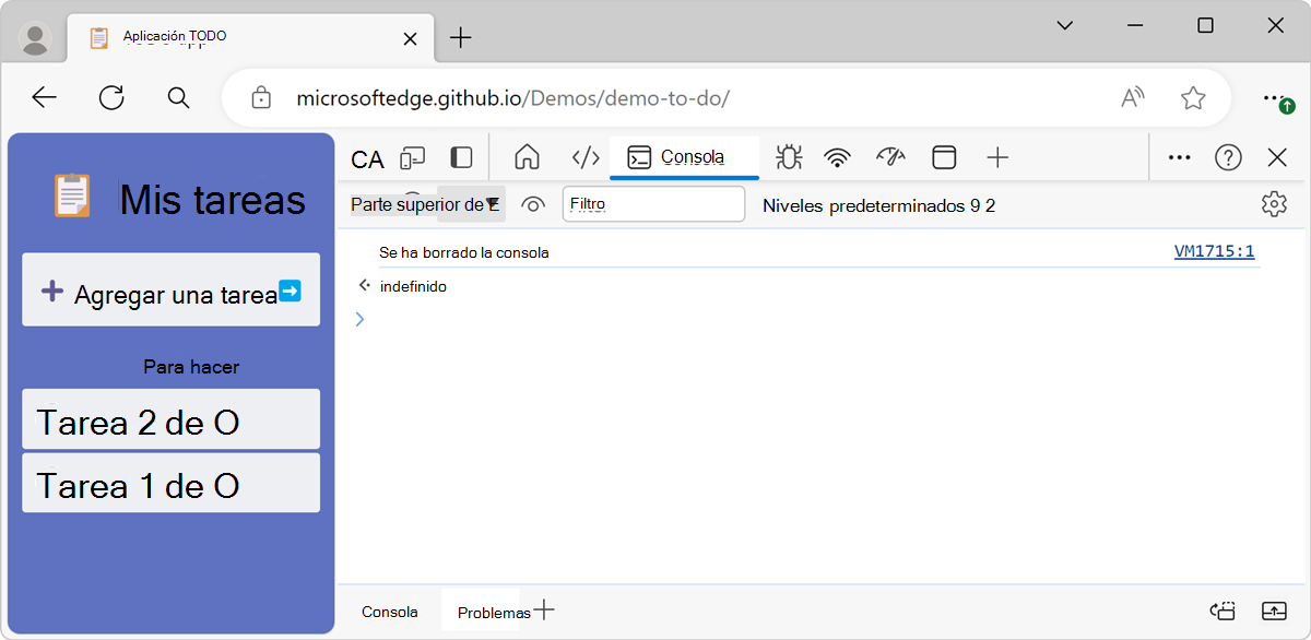El resultado del comando clear(), la consola está vacía y aparece el mensaje 