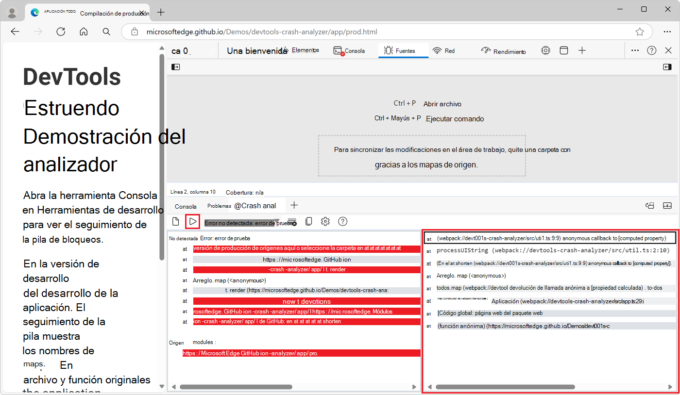 Uso de la herramienta Del analizador de bloqueos para depurar una excepción de JavaScript no mortal