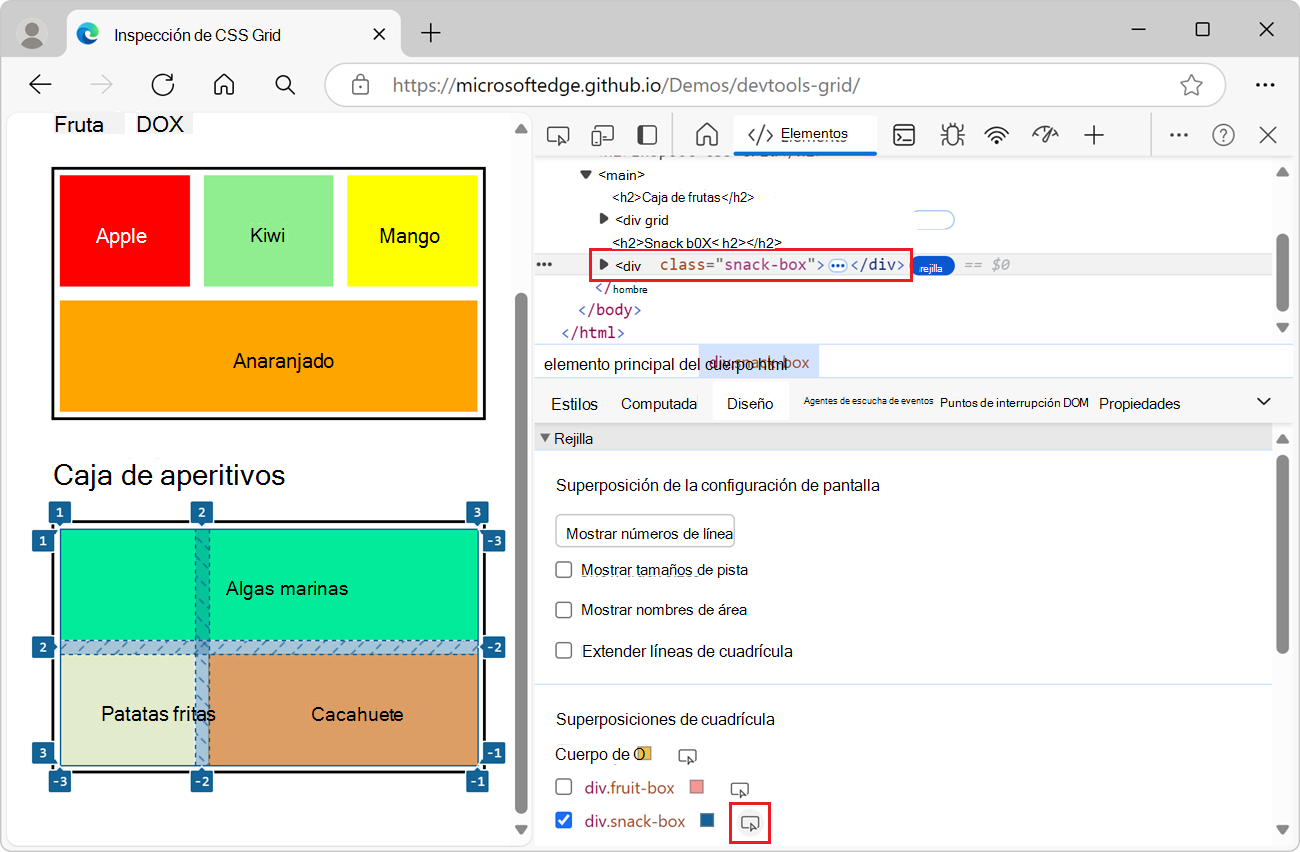 Resaltar la cuadrícula en la página web representada