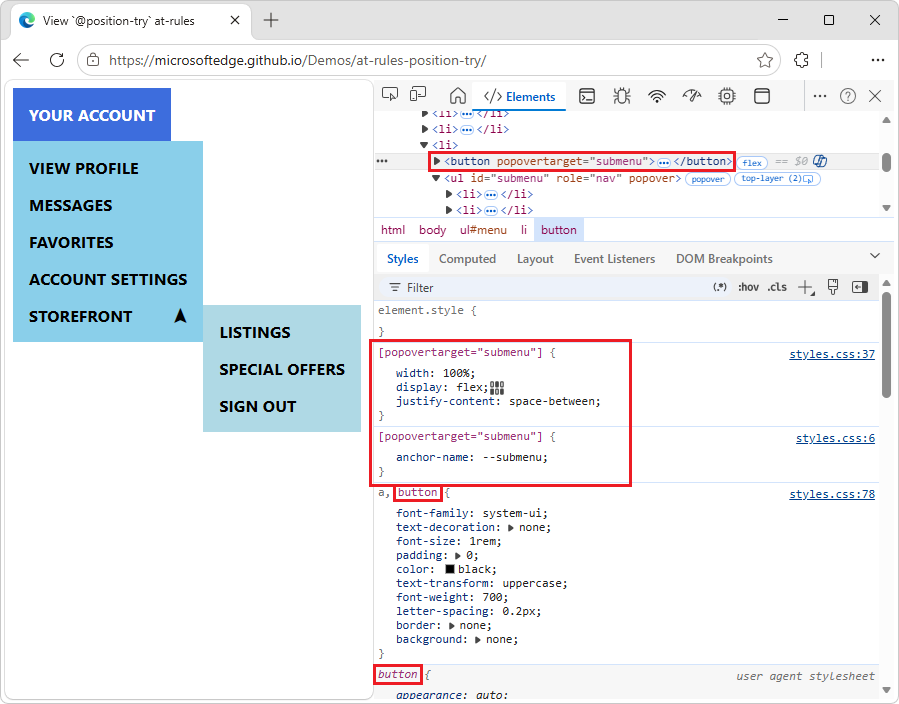 Elemento button seleccionado en el árbol DOM y su CSS