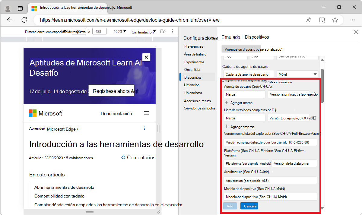 Configuración de sugerencias de cliente de agente de usuario