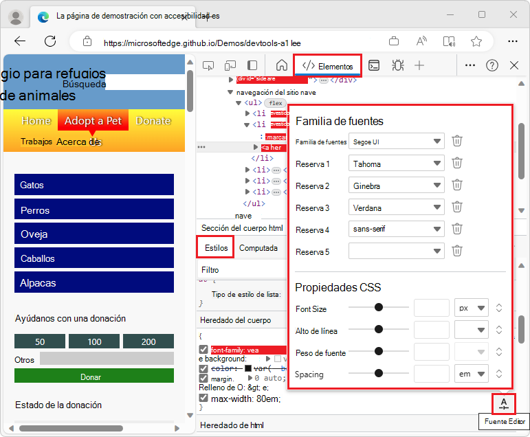 El panel Editor de fuentes visual está resaltado