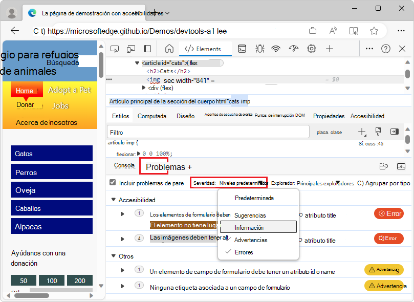 El panel Problemas con la lista desplegable Gravedad expandida, que muestra los distintos niveles que se pueden seleccionar