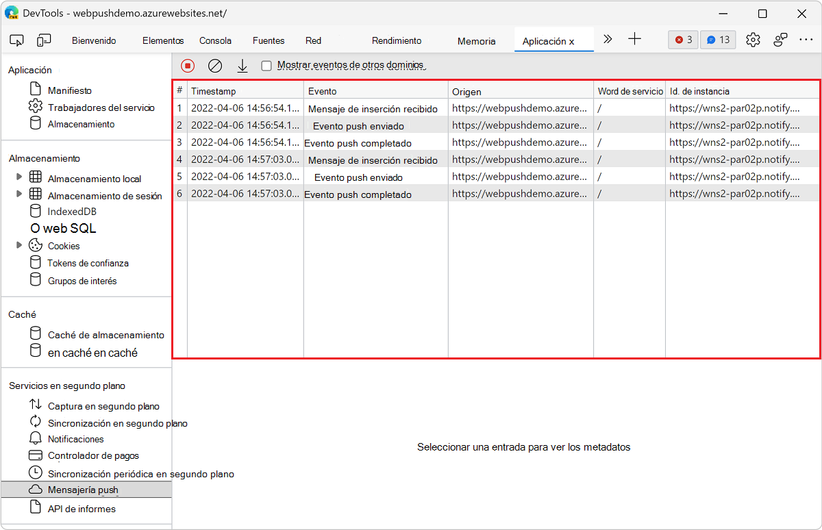 Un registro de eventos en el panel Mensajería push