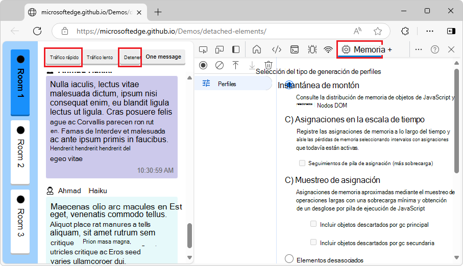 Generación de algunos mensajes en la página web de demostración