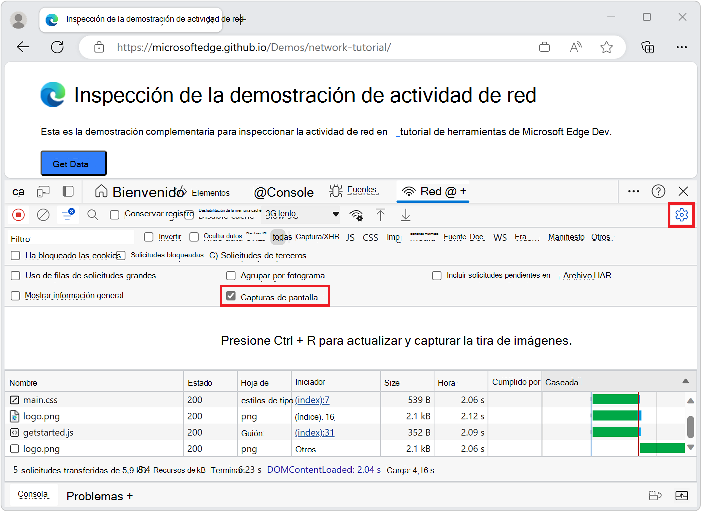 La casilla Captura de pantalla de la configuración de red