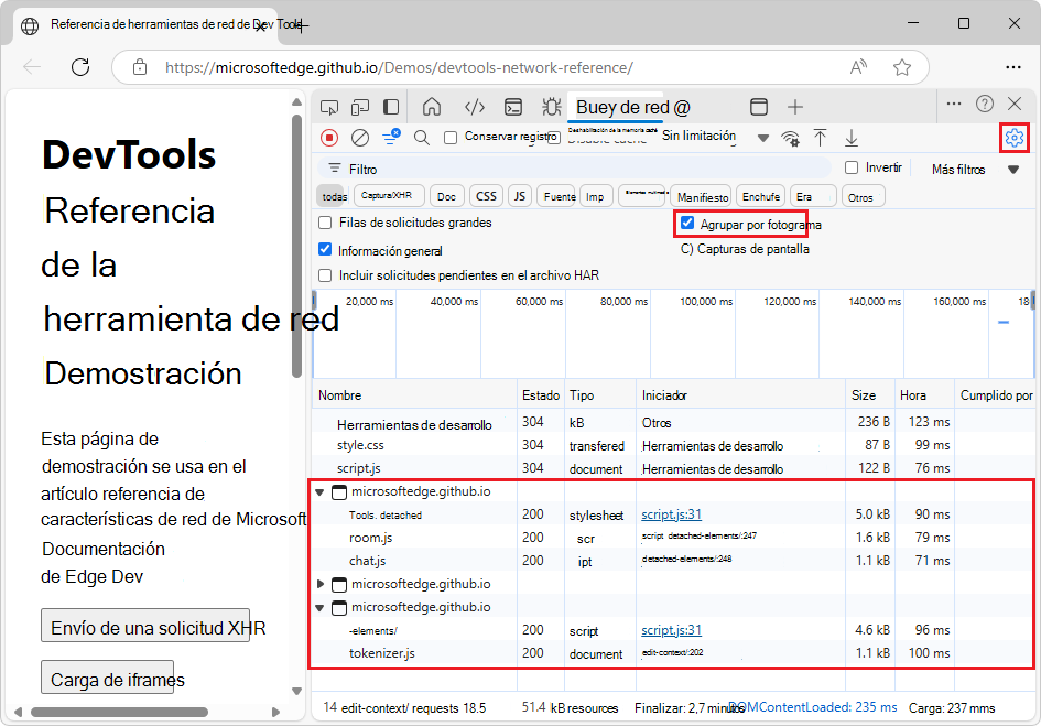Registro de solicitudes de red con solicitudes agrupadas por iframes
