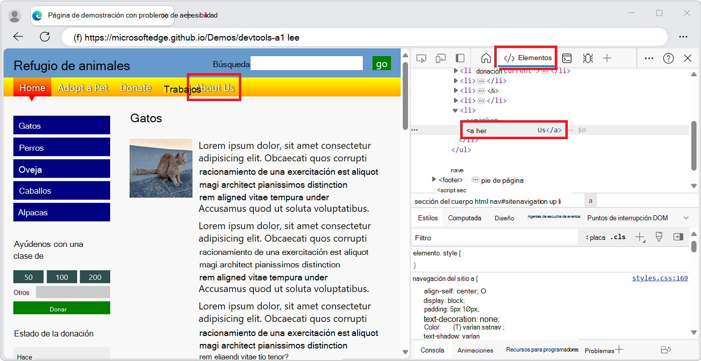 DevTools abierto en el lado derecho de Microsoft Edge, con un elemento DOM seleccionado en el árbol DOM de la herramienta Elementos