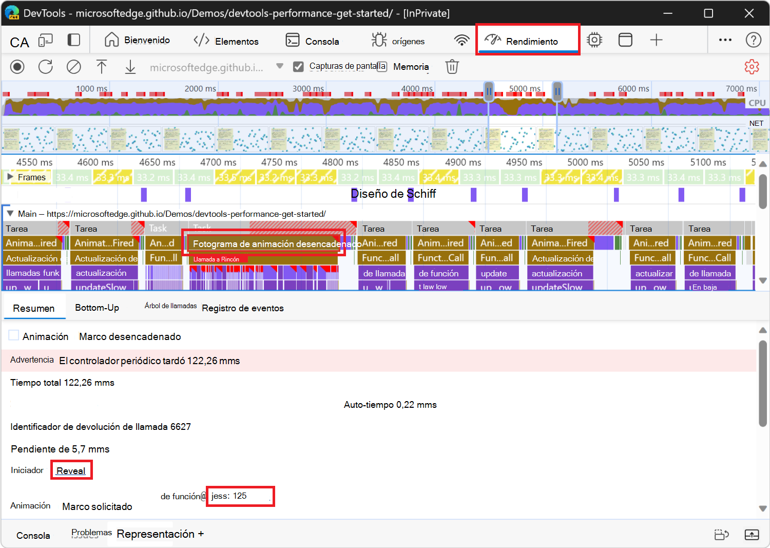 Más información sobre el evento Desencadenado por fotograma de animación