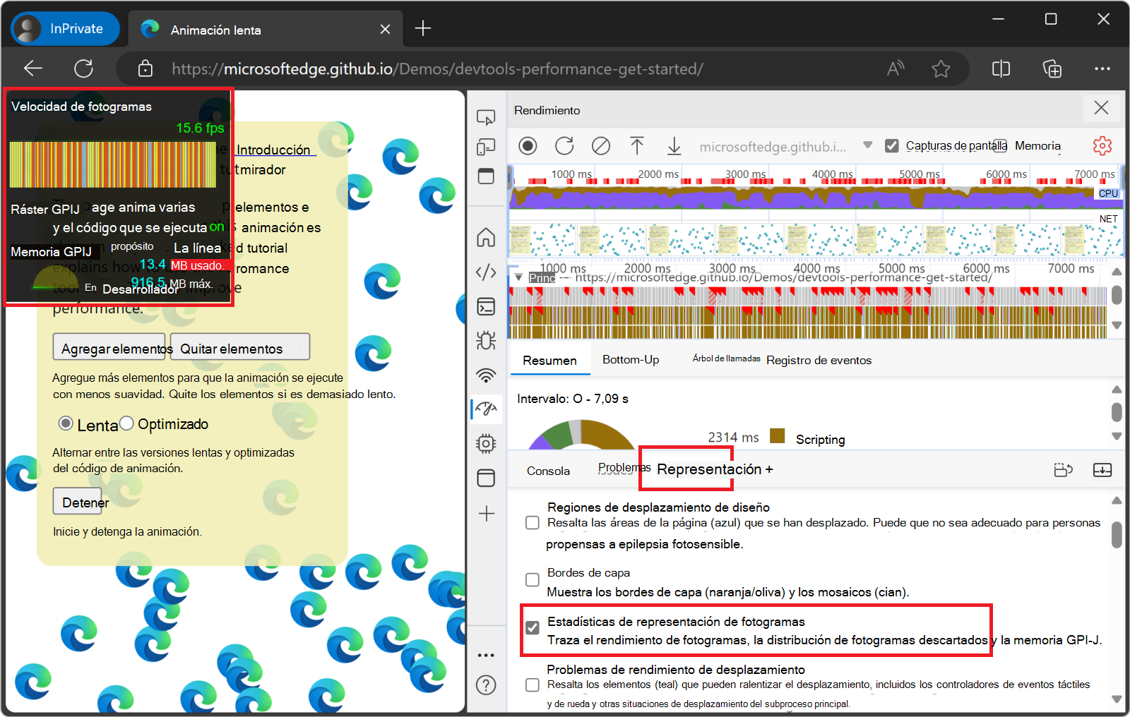 Superposición de estadísticas de representación de fotogramas