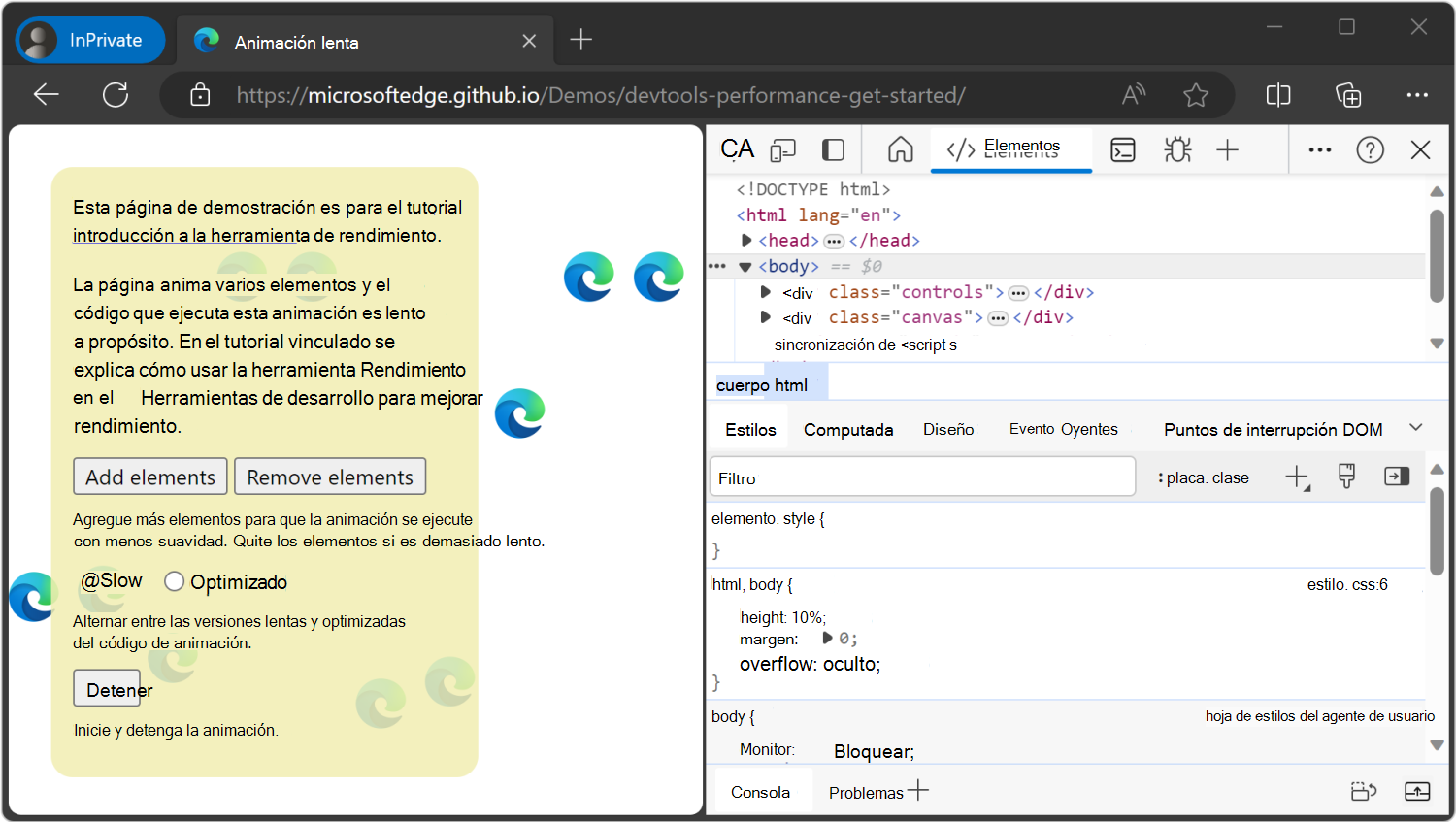 La demostración de la izquierda y DevTools a la derecha