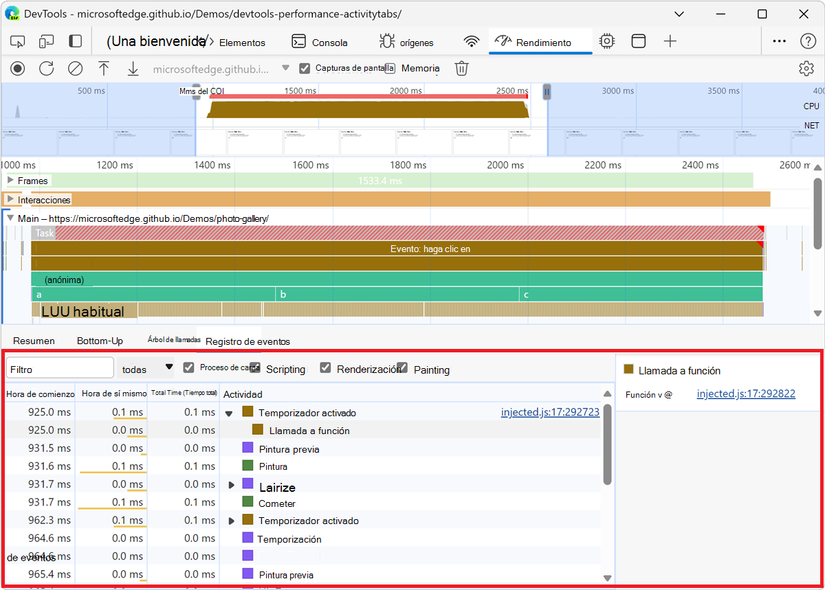 Pestaña Registro de eventos