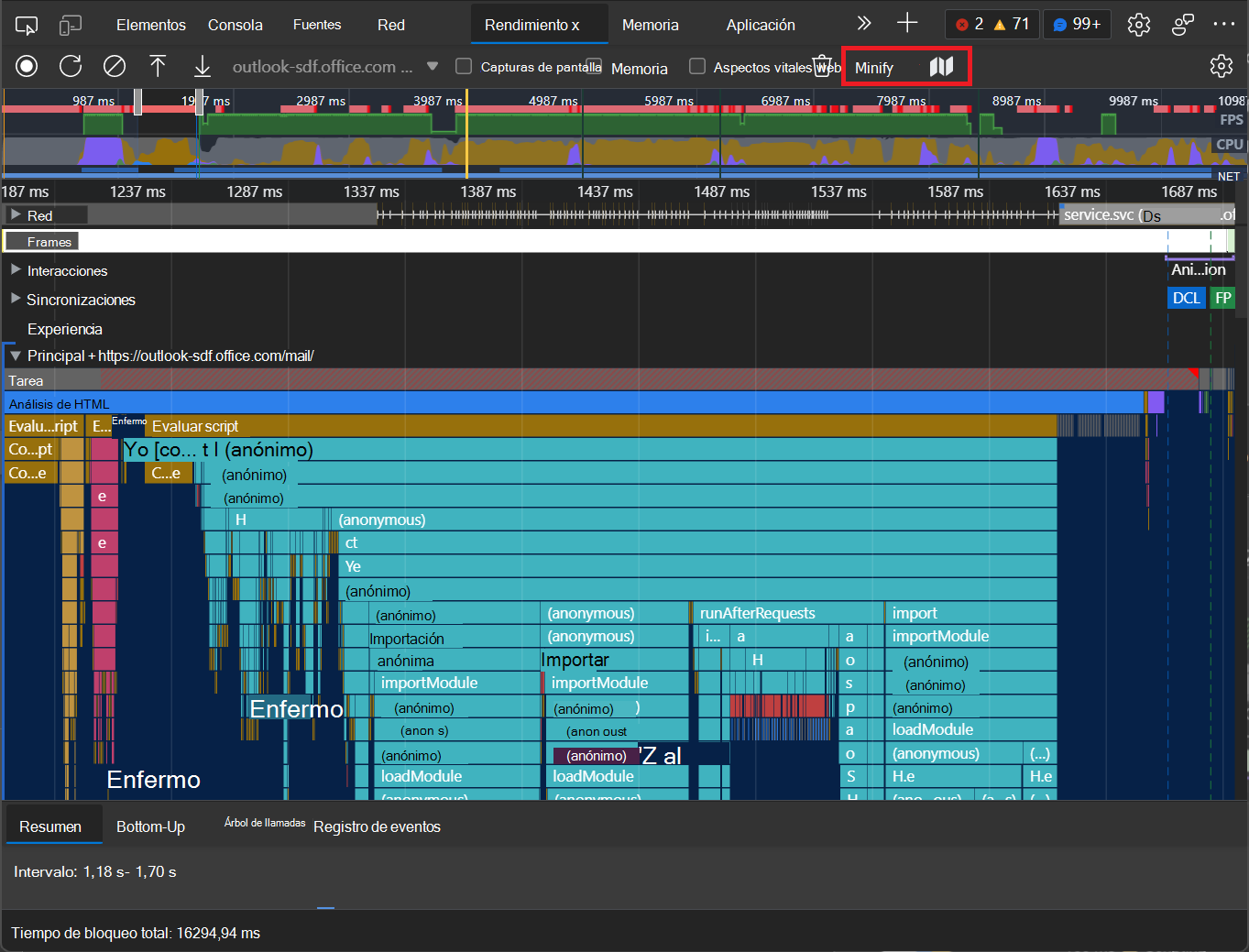 Botón Unminify de la herramienta Rendimiento