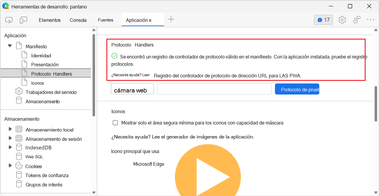 La sección Controladores de protocolo del panel Manifiesto con protocolos definidos