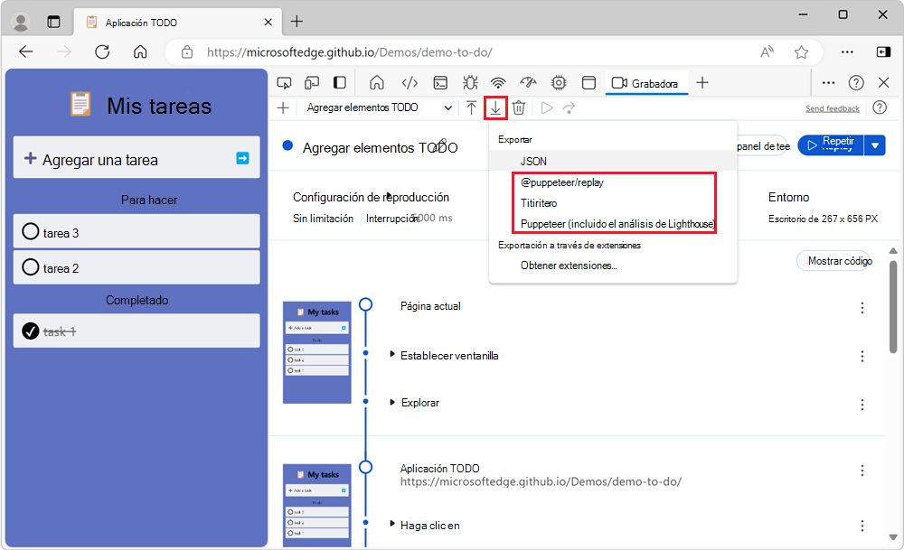 Menú desplegable Del botón Exportar y los distintos formatos de automatización de pruebas
