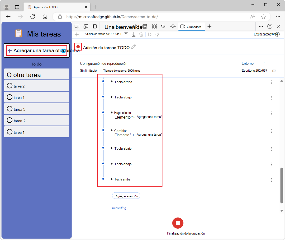 Las interacciones de usuario grabadas que se muestran como una lista en la herramienta Grabadora