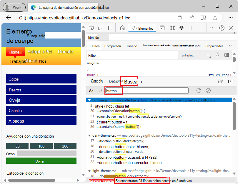 Resultados de búsqueda mostrados en la herramienta de búsqueda, con texto coincidente resaltado en amarillo