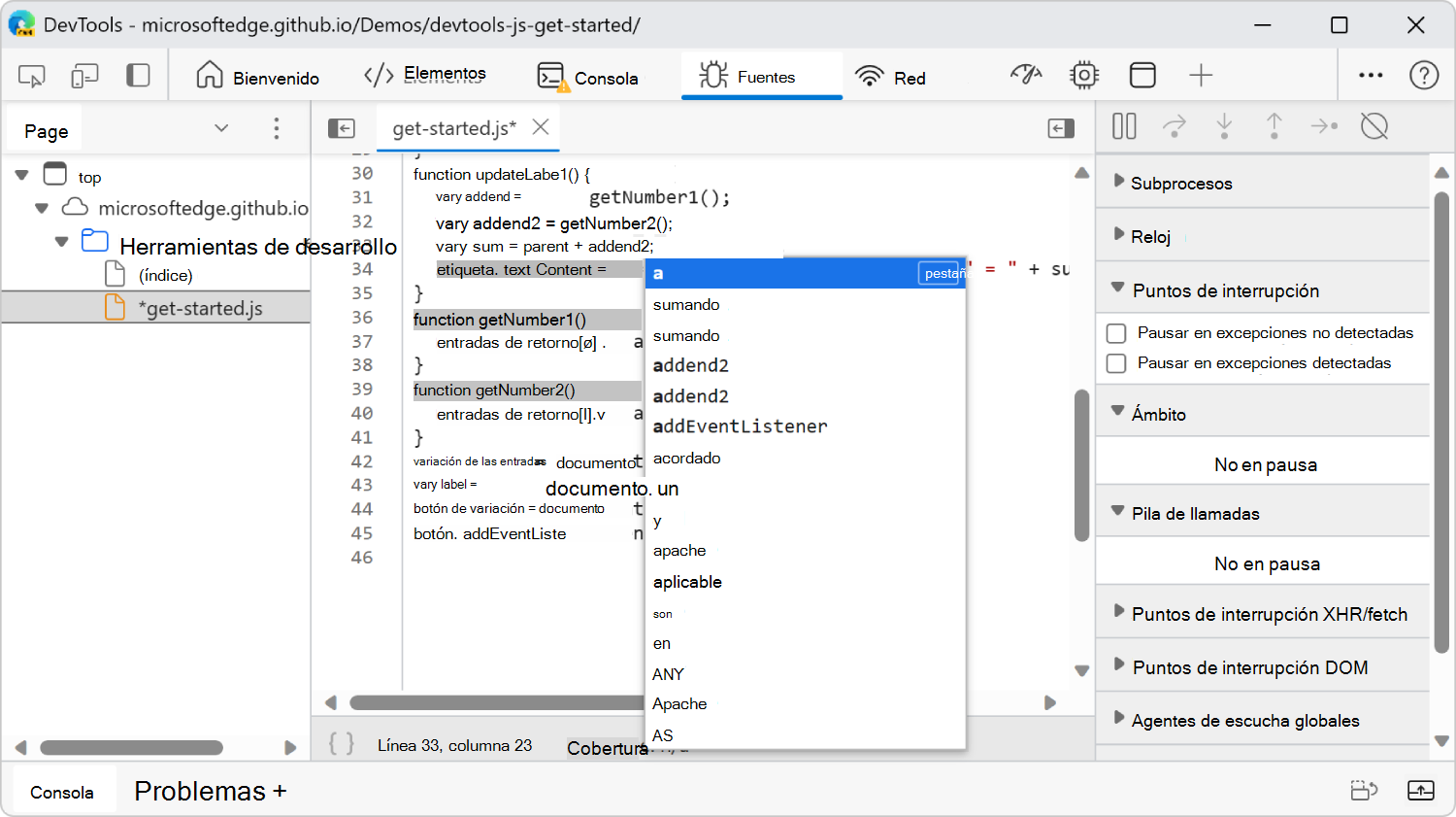 Edición de JavaScript en el panel Editor