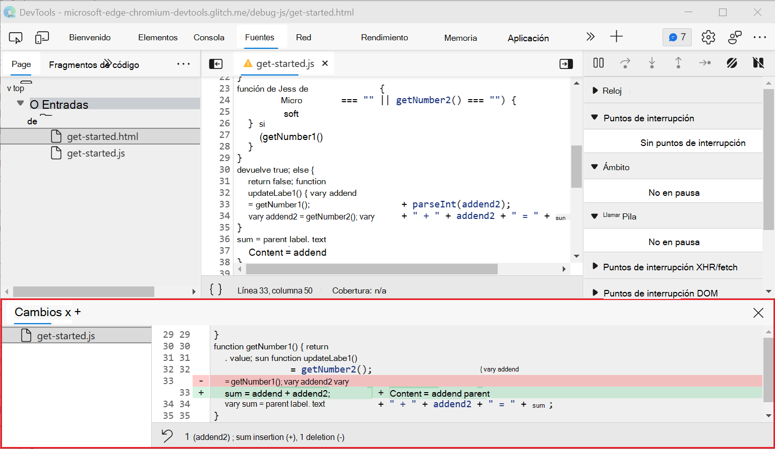 Mostrar modificaciones locales, en la pestaña Cambios del panel Vista rápida