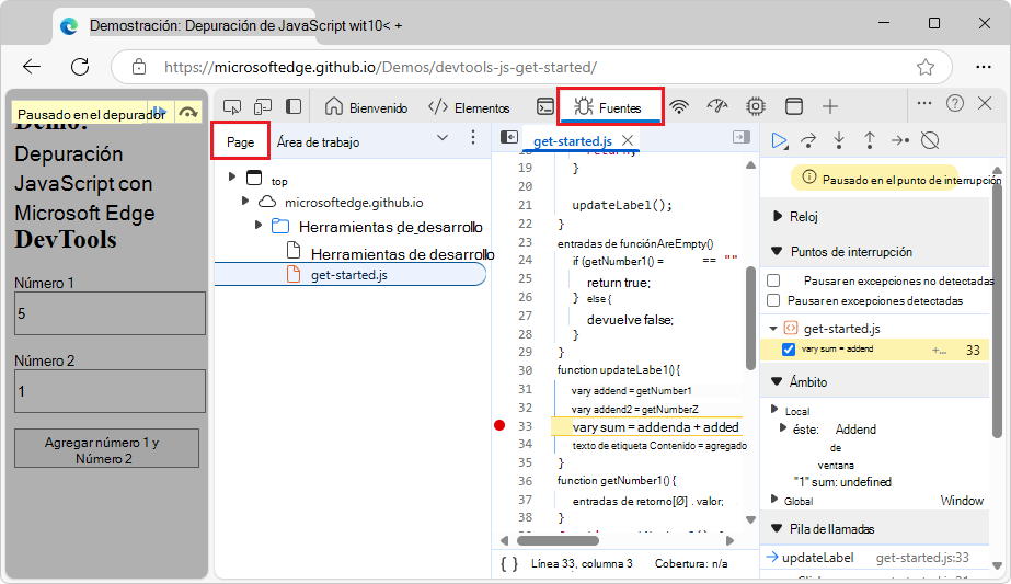 Pestaña Página del panel Navegador de la herramienta Orígenes