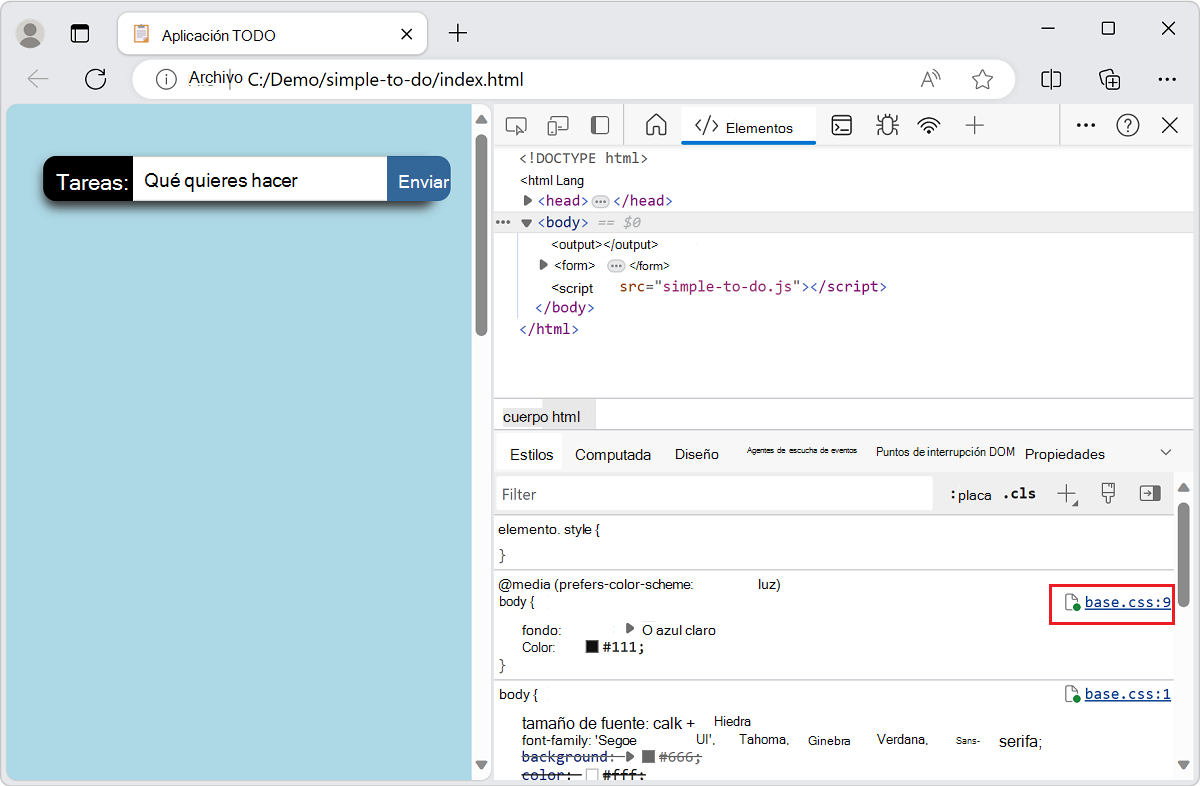 Al seleccionar un vínculo de archivo en la herramienta Estilos, se abre el archivo en Visual Studio Code