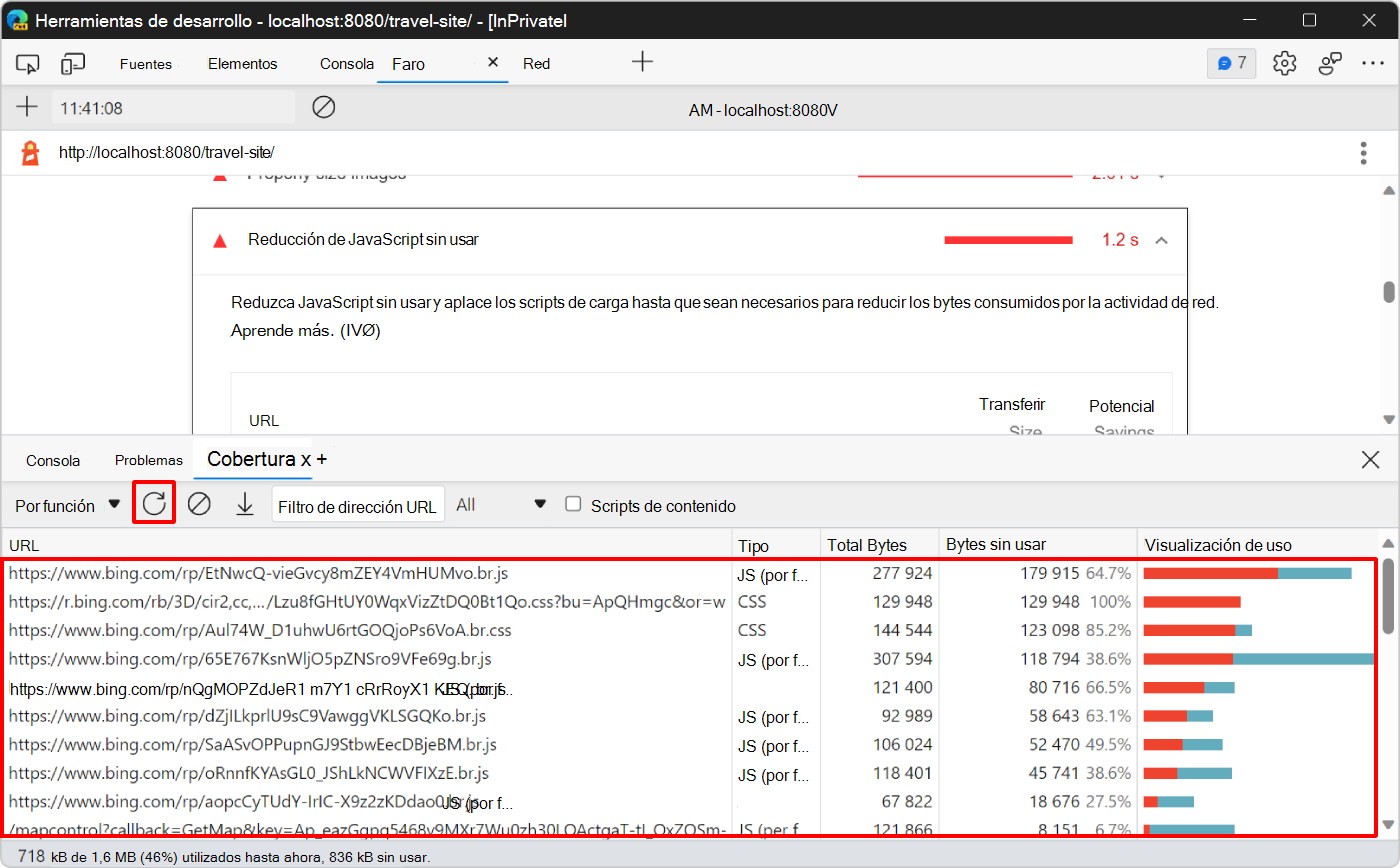 La herramienta Cobertura en el panel Vista rápida en la parte inferior de DevTools, que muestra el informe de cuánto código no se usa