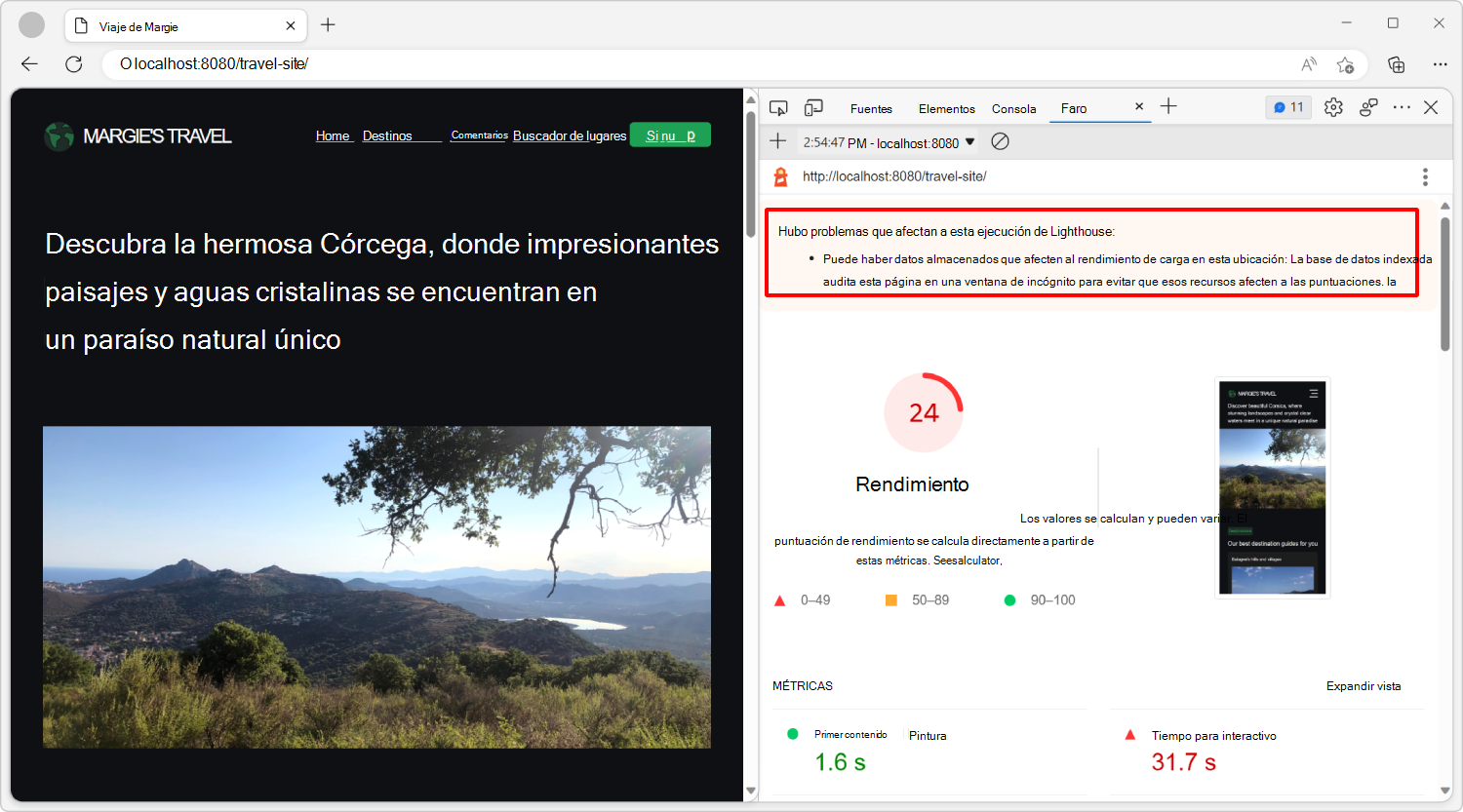 Error en la parte superior del informe de Lighthouse