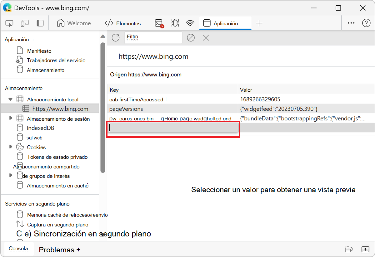 La parte vacía de la tabla en la que se hace doble clic para crear un nuevo par clave-valor