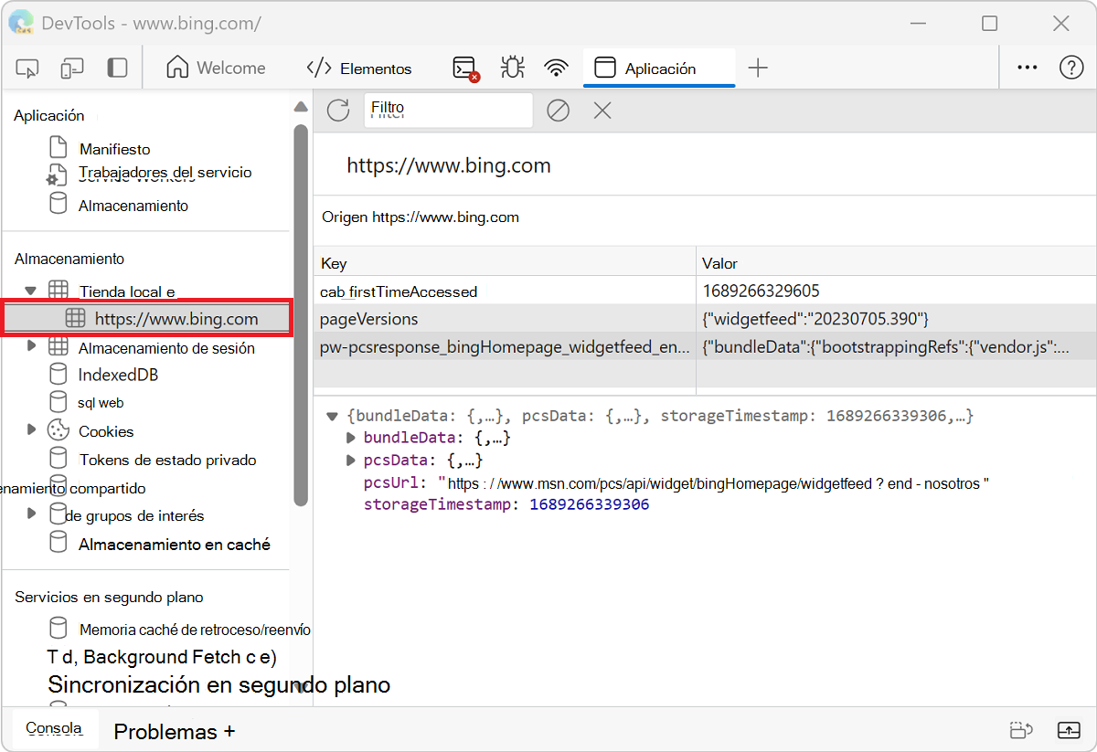 Pares clave-valor localStorage para el https://www.bing.com dominio