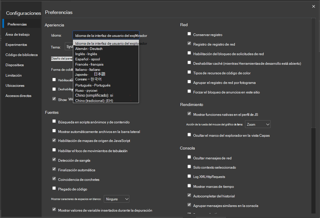 Cambiar el idioma de presentación de DevTools directamente desde la página Configuración de DevTools