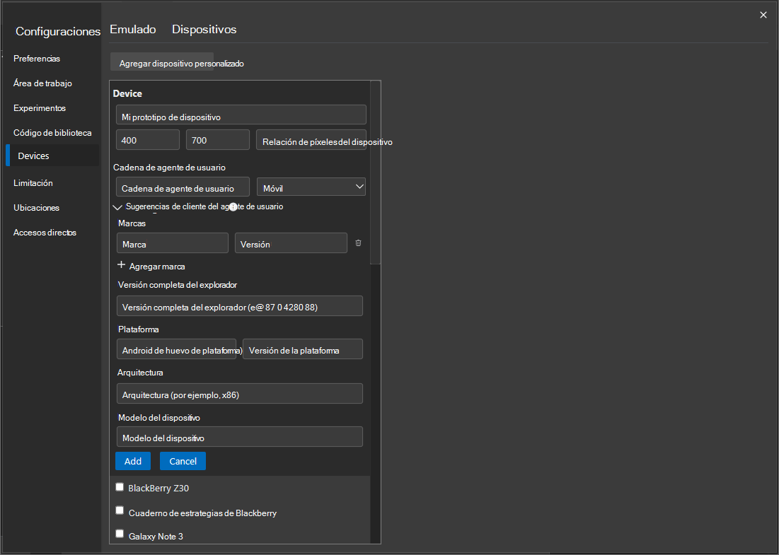Definición de User-Agent sugerencias de cliente para un dispositivo personalizado en Configuración