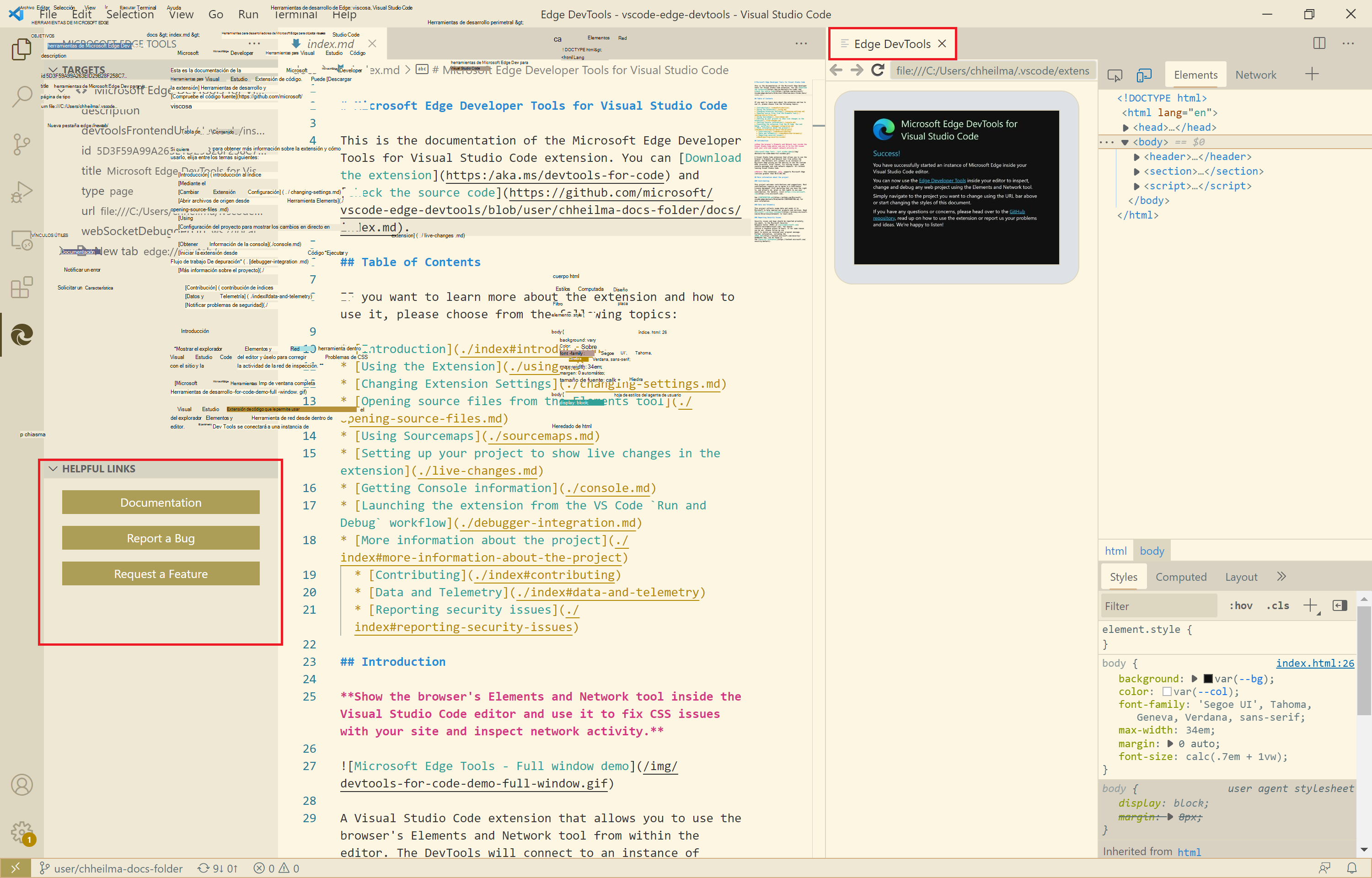 La extensión que se ejecuta dentro de Visual Studio Code, que coincide con el tema claro de Visual Studio Code, y una nueva barra lateral vínculos útiles