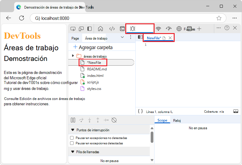 Un nuevo archivo agregado a través de la pestaña Área de trabajo