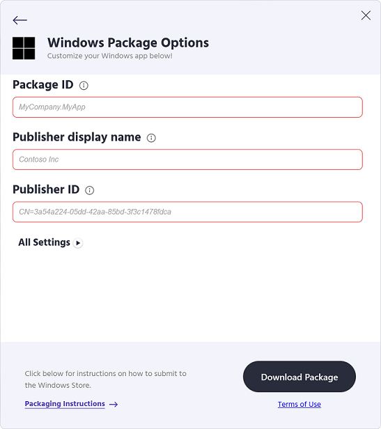 Pegar información del publicador en la página Opciones de paquete de Windows