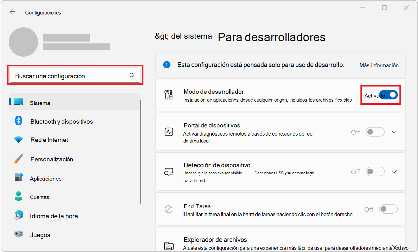 Configuración del desarrollador de Windows 11