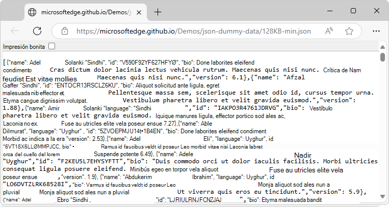 Un archivo .json minificado, abierto inicialmente en Edge
