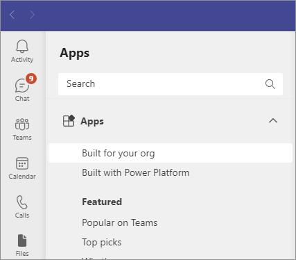 Captura de pantalla de aplicaciones personalizadas en la tienda de Teams en la aplicación de escritorio de Teams.