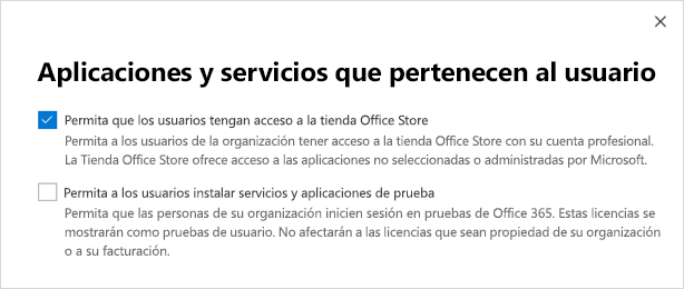 Captura de pantalla de la página Aplicaciones y servicios pertenecientes al usuario en el centro de administración.