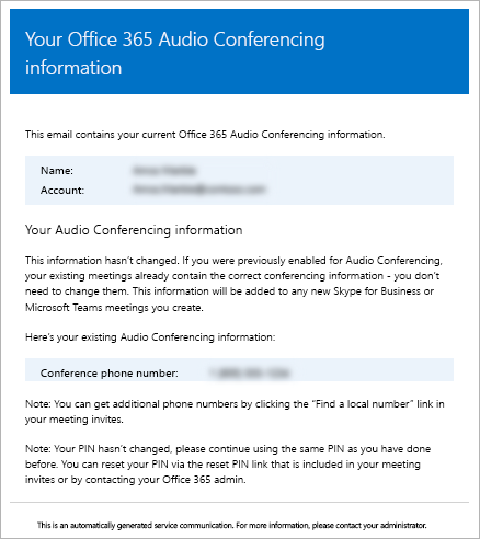 Ejemplo de un mensaje de correo electrónico de conferencias de acceso telefónico local.