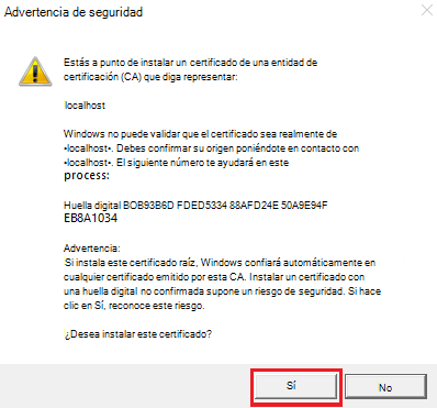 Captura de pantalla de Advertencia de seguridad con la opción Sí resaltada en rojo.