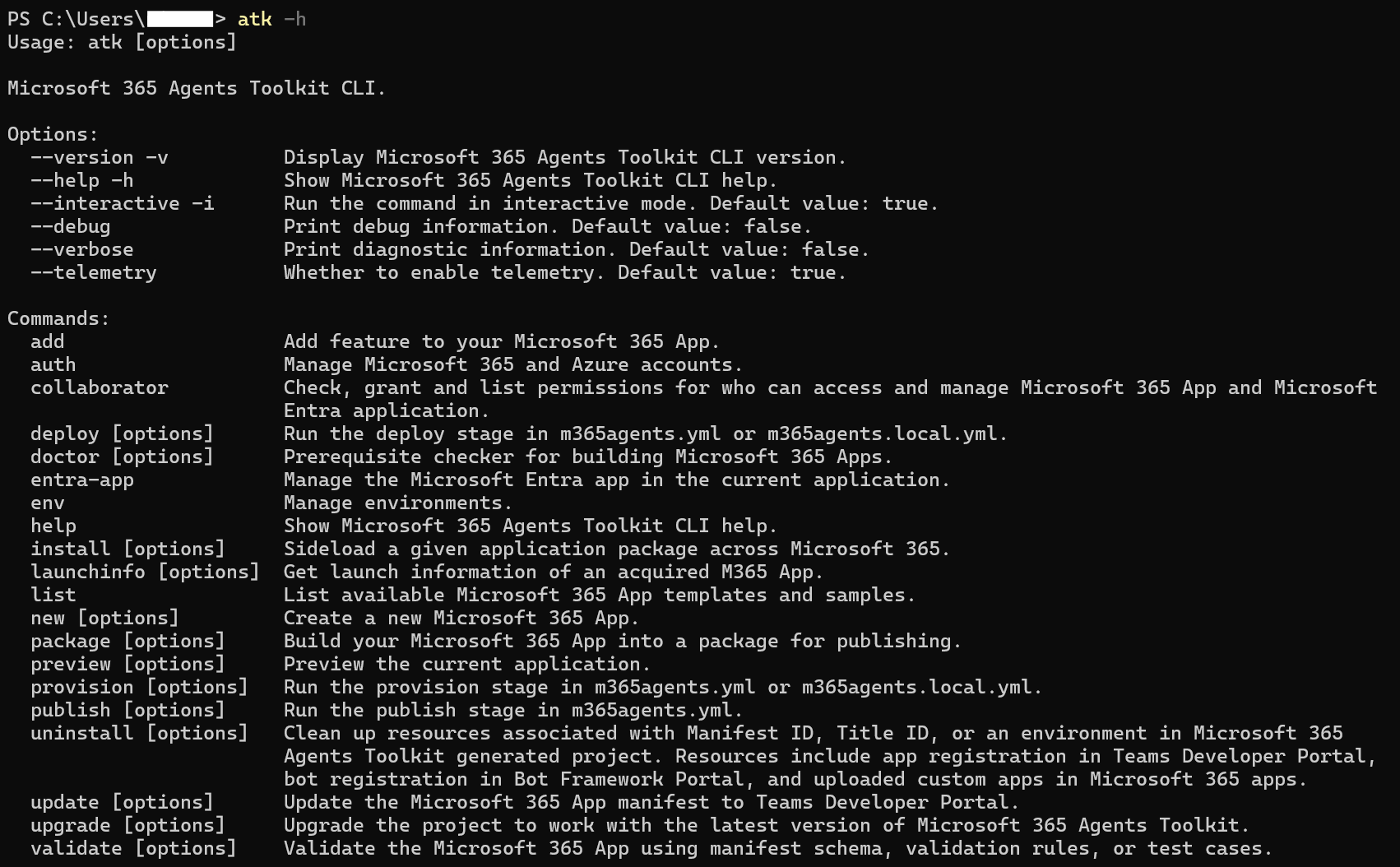 Captura de pantalla que muestra la lista de comandos disponibles.