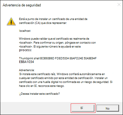 Captura de pantalla que muestra advertencia de seguridad con la opción Sí resaltada en rojo.
